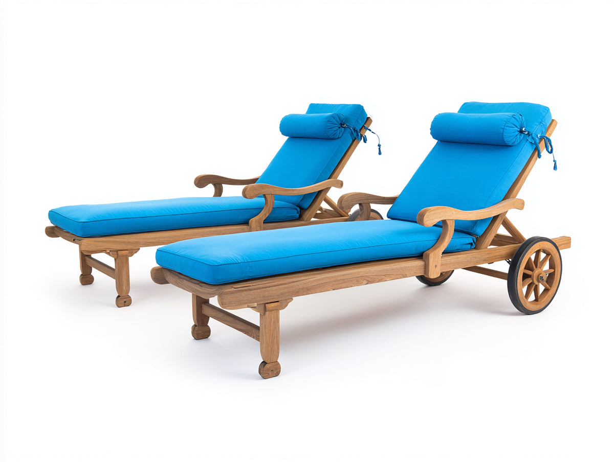 Lettino prendisole - Legno-Tessuto - 200 x 72 x 98 cm - Naturale-Blu - Stile classico con schienale regolabile e ruote