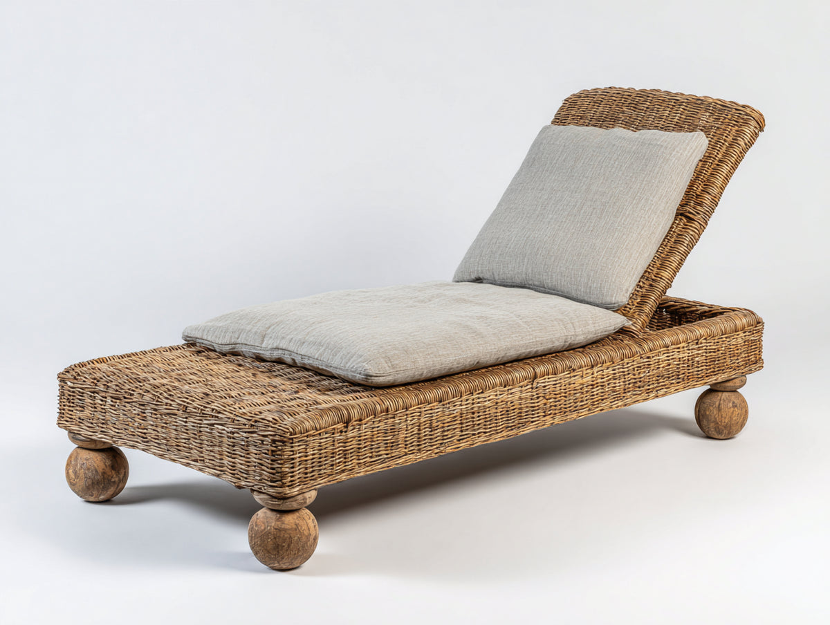 Lettino prendisole - Rattan intrecciato-Tessuto - 196 x 76 x 84 cm - Naturale-Beige - Stile rustico con schienale regolabile