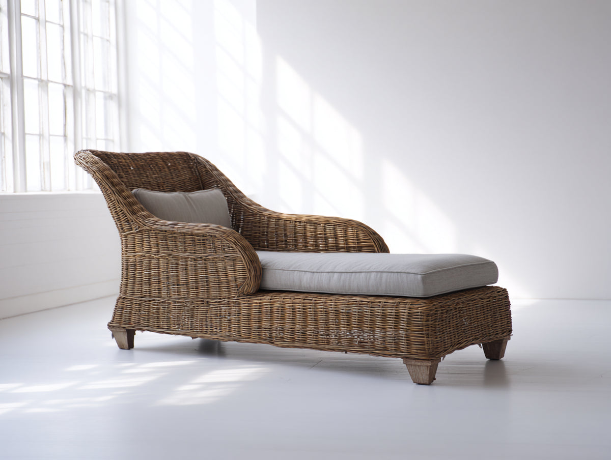 Lettino prendisole - Rattan intrecciato-Tessuto - 187 x 83 x 88 cm - Marrone naturale-Grigio tortora - Stile rustico contemporaneo
