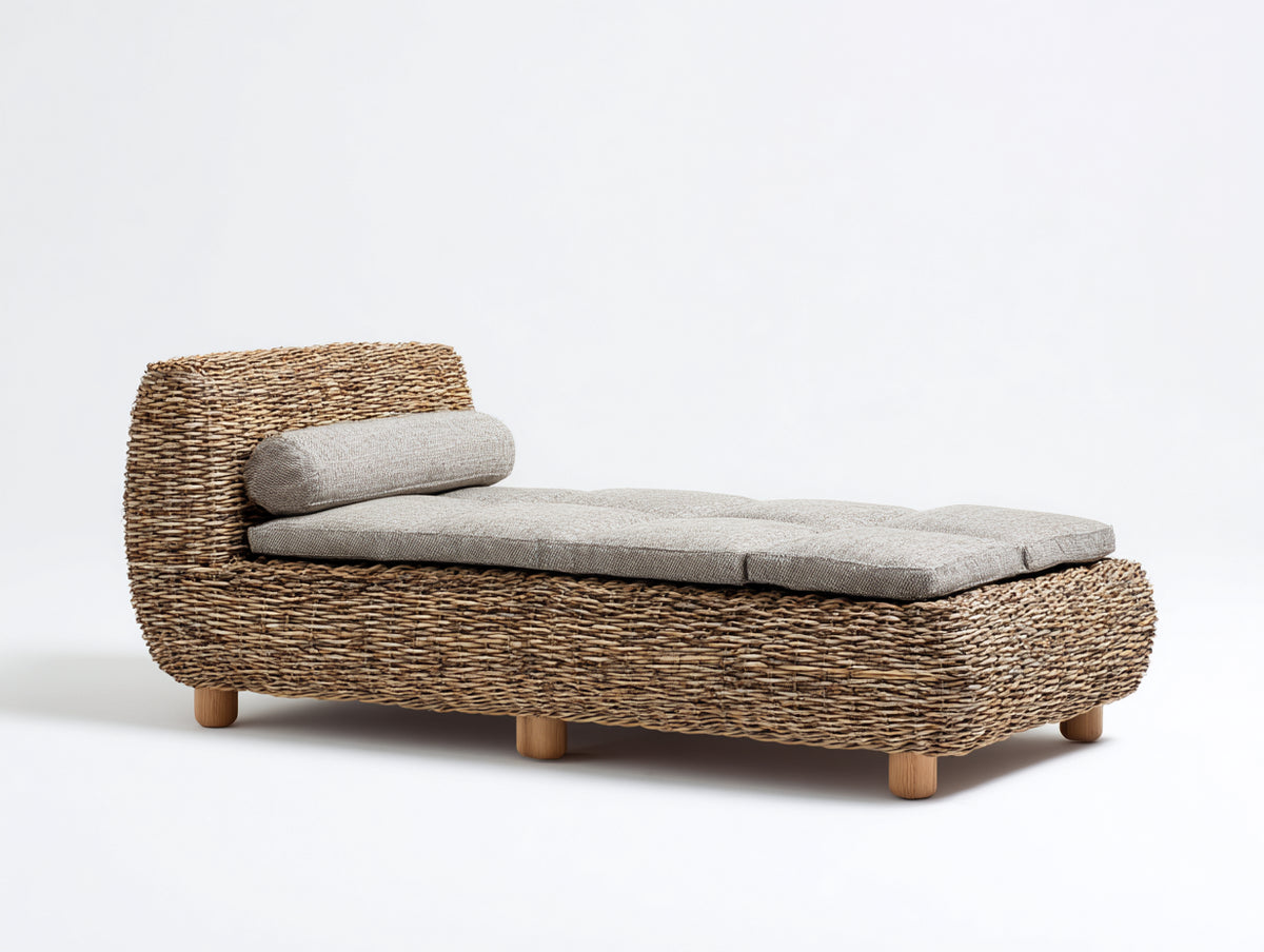 Lettino prendisole - Rattan intrecciato-Tessuto - 188 x 81 x 68 cm - Naturale-Grigio beige - Stile organico