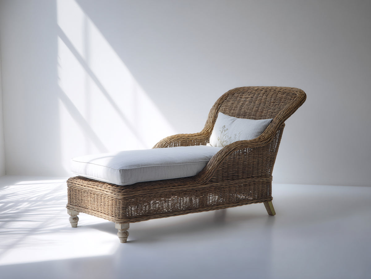 Lettino prendisole - Rattan intrecciato-Tessuto - 184 x 80 x 94 cm - Marrone-Grigio chiaro - Stile naturale classico