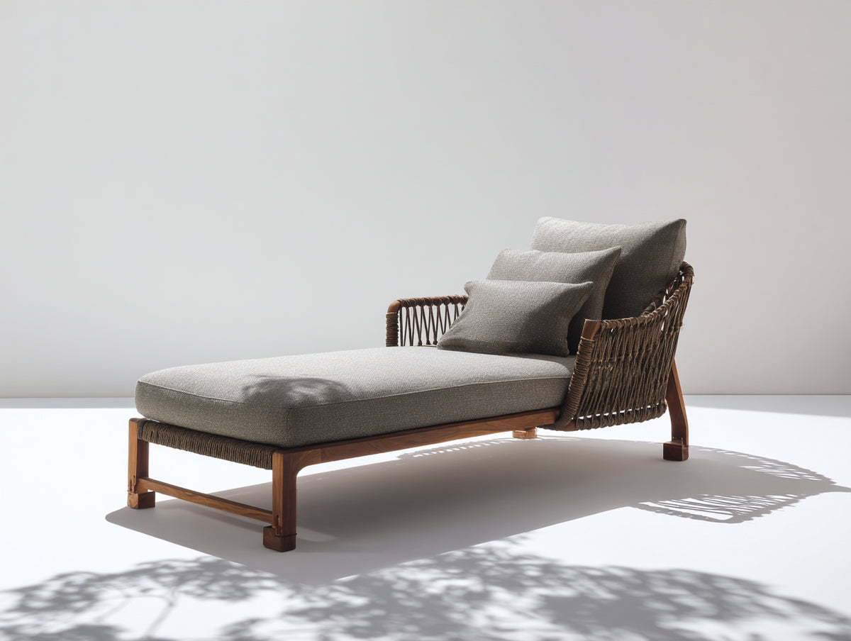 Lettino prendisole - Legno-Rattan intrecciato-Tessuto - 188 x 78 x 87 cm - Marrone-Grigio tortora - Stile contemporaneo