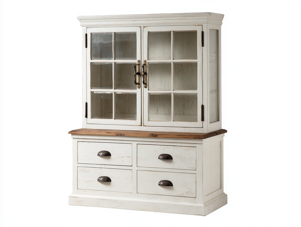 Vetrina - Legno-Vetro - 105x45x155 cm - Bianco anticato-Legno naturale - Country
